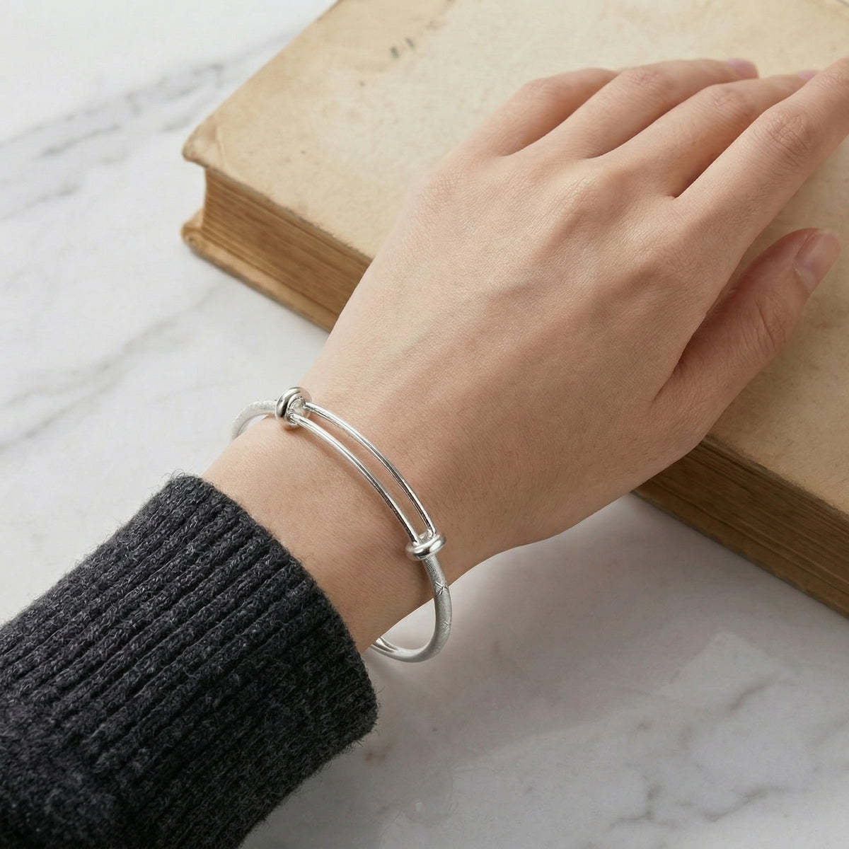 Minimalist Textured Silver-Tone Bangle