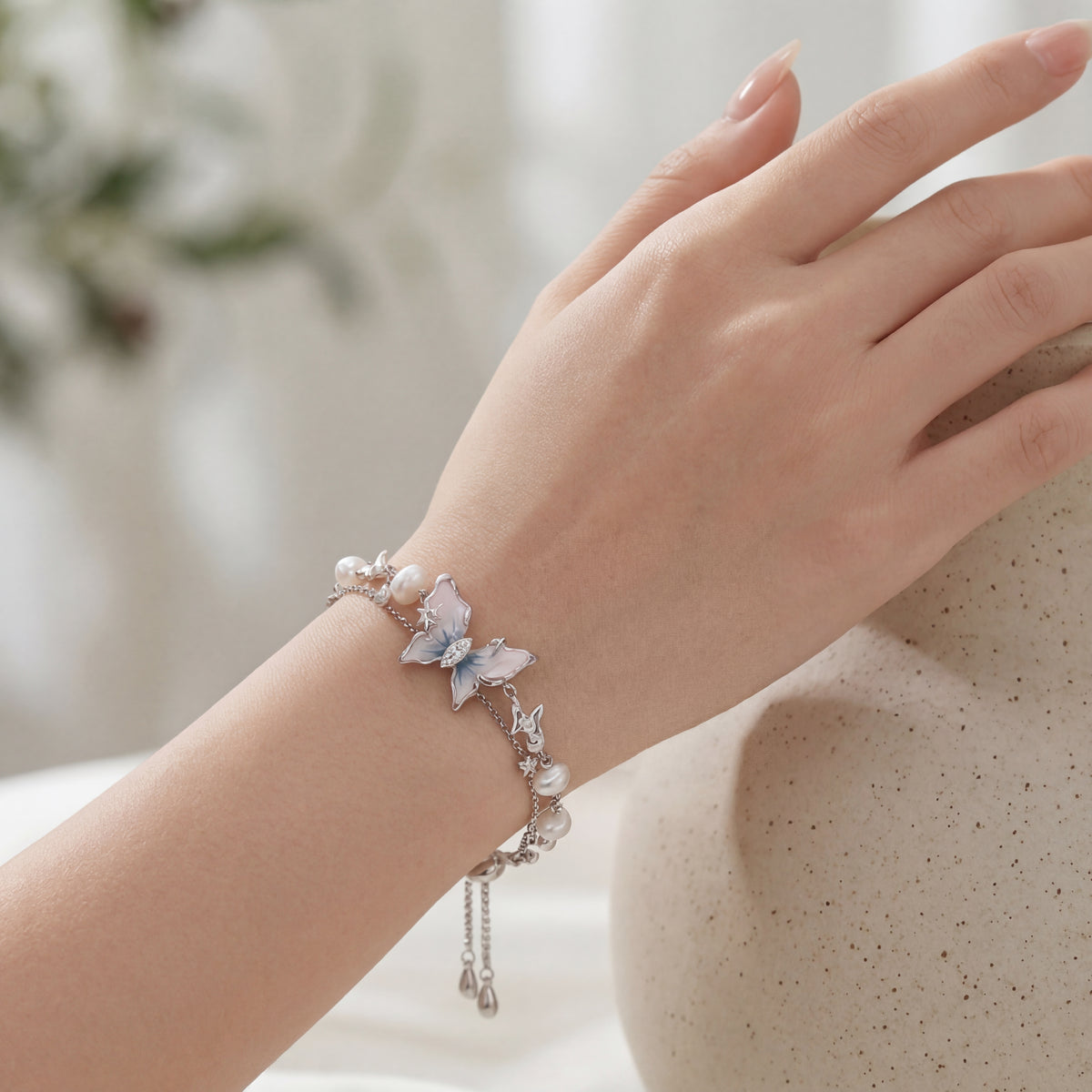 Butterfly Pearl Layered Adjustable Bracelet